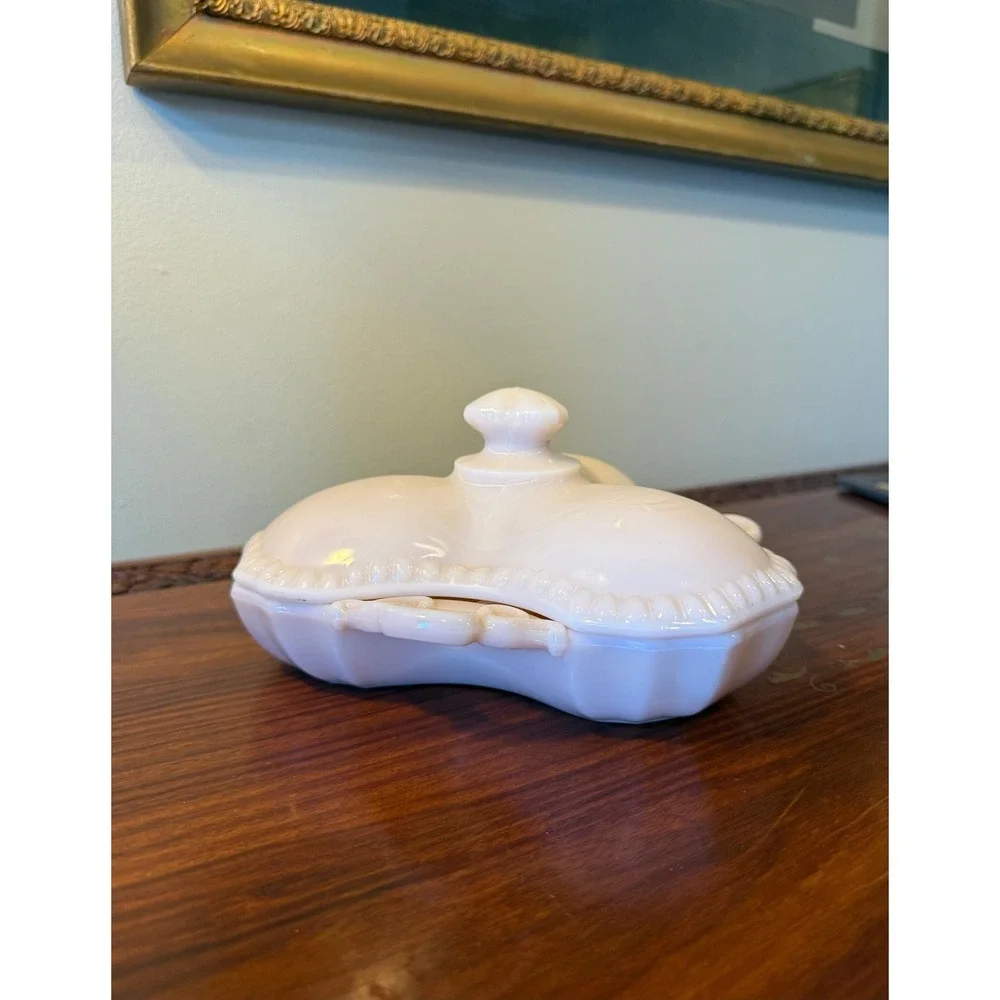 Vintage Pink Milk Glass‎ Lidded Divided Dish – Opaline Vanity or Candy Dish
